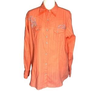 Wrangler Pearl Snap Western Embroidered Salmon Long Sleeve Large
